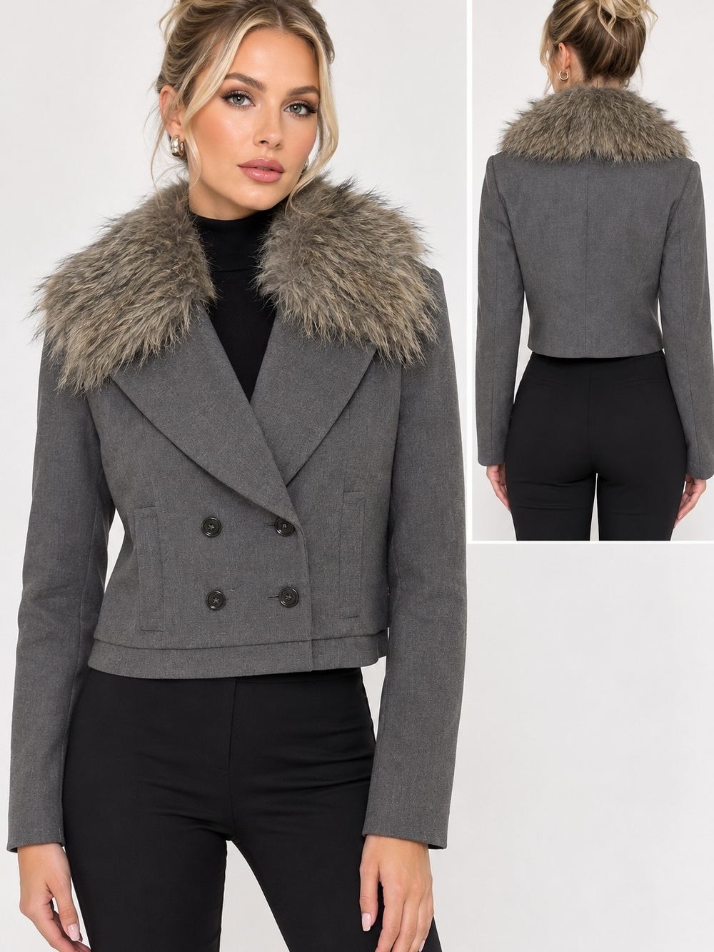 Ann Taylor Gray Cropped Double-Breasted Jacket with Removable Faux Fur Collar ✨